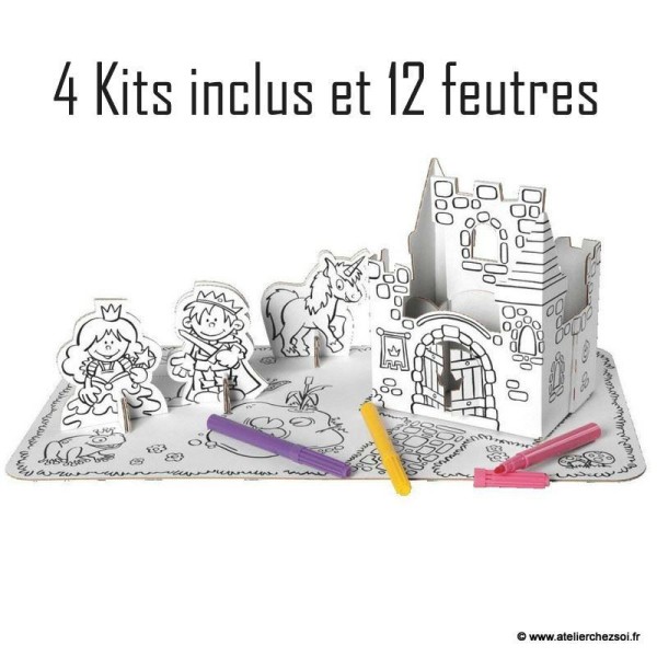 Pack 4 kits chateau en carton à colorier - 12 feutres inclus - Photo n°2