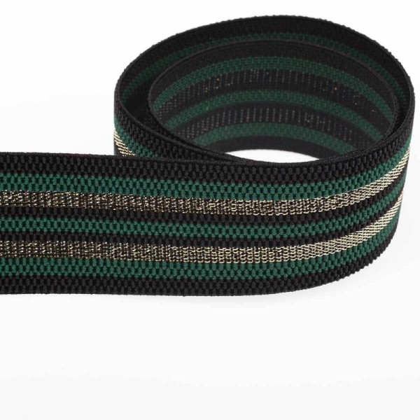 Ruban ceinture élastique à rayures lurex au mètre - Vert & or - Photo n°1