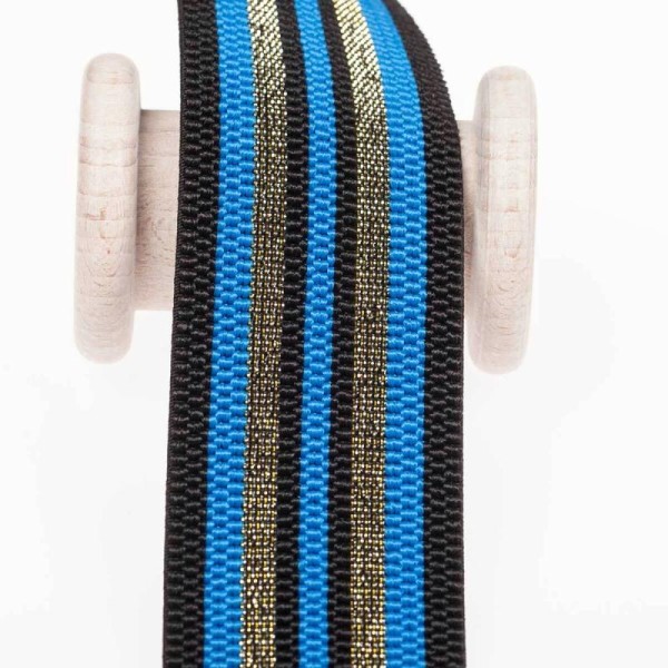 Ruban ceinture élastique à rayures lurex au mètre - Bleu & or - Photo n°2