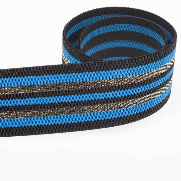Ruban ceinture élastique à rayures lurex au mètre - Bleu & or - Photo n°1
