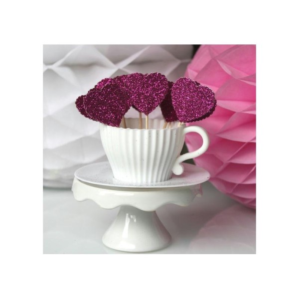 10 Décorations Pour Petits Gâteaux (Cupcakes Toppers )- Cœurs Roses À Paillettes - Photo n°1