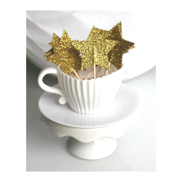 10 Décorations Pour Petits Gâteaux (Cupcakes Toppers ) Étoiles Or À Paillettes - Photo n°1