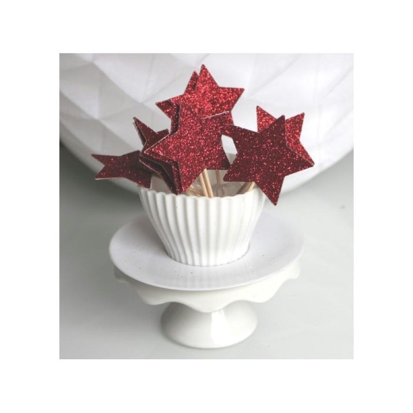10 Décorations Pour Petits Gâteaux (Cupcakes Toppers )- Étoiles Rouges Paillettes - Photo n°1