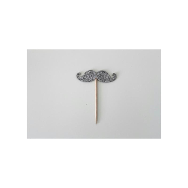 10 Décorations Pour Petits Gâteaux Moustaches Grises Pailletées (Cupcakes Toppers ) - Photo n°1