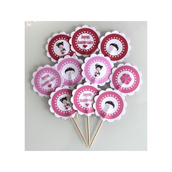 10 Décorations Pour Petits Gateaux (Cupcakes Toppers ) Roseet Fushia Thème Japon - Photo n°1