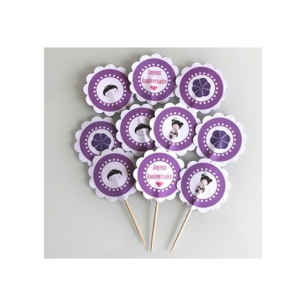 10 Décorations Pour Petits Gateaux (Cupcakes Toppers ) Violet Thème Japon - Photo n°1