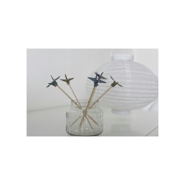 6 Mini Brochettes En Bois Origami Grues Couleur Bleu Et Or - Photo n°1