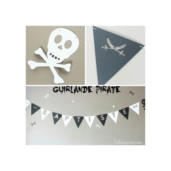 Guirlande De Fanions Pirate - Blanc Et Noir- Personnalisable Au Prénom De L'Enfant- Anniversaire - Photo n°1