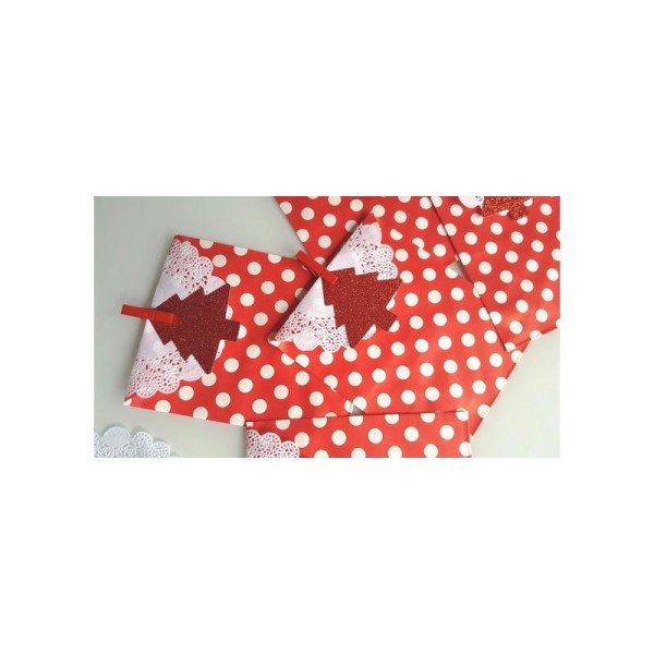 Noel : Kit Emballage Cadeau 5 Pochettes Rouges À Pois Blancs -Sapins Glitter Rouge- - Photo n°1