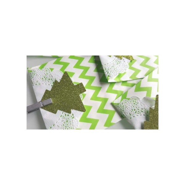 Noel : Kit Emballage Cadeau 5 Pochettes Vertes À Chevrons-Sapins Glitter Verts- - Photo n°1