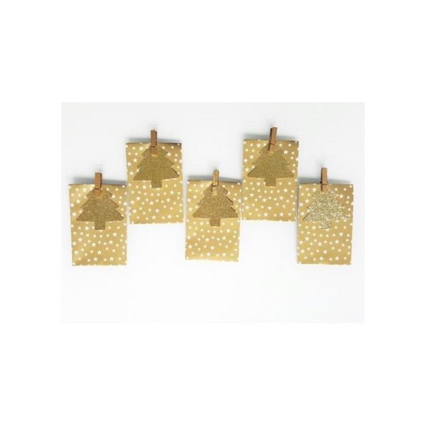 Noel : Kit Emballage Cadeau 5 Pochettes Dorées Étoiles Blanches-Sapins Glitter Dorés - Photo n°1