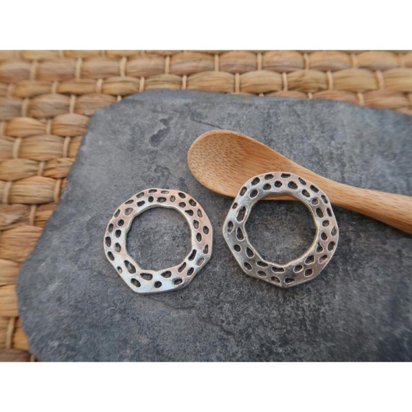 Grands anneaux ethnique ronds et martelés, métal argenté, 35 mm, 1 pc - Photo n°2