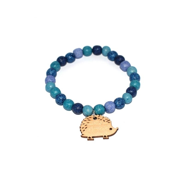 Bracelet perles céramiques et hérisson en bois bleu - Photo n°1