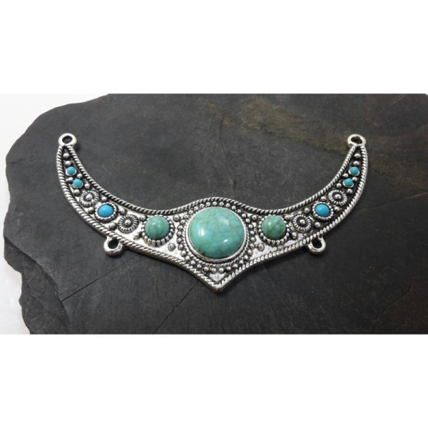Plastrons demi lune pierre turquoise, Support collier, Métal argenté, 11.5x6.2 cm,1 pc - Photo n°2