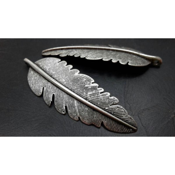 Grand pendentif plume oiseau en métal argenté, 54 x 18 mm, 1 pc - Photo n°2