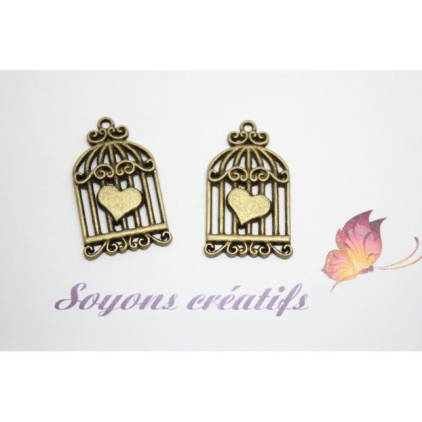 5 Breloques Charm Bronze Cage Coeur 34X20Mm- Création Bijoux -- - Photo n°1