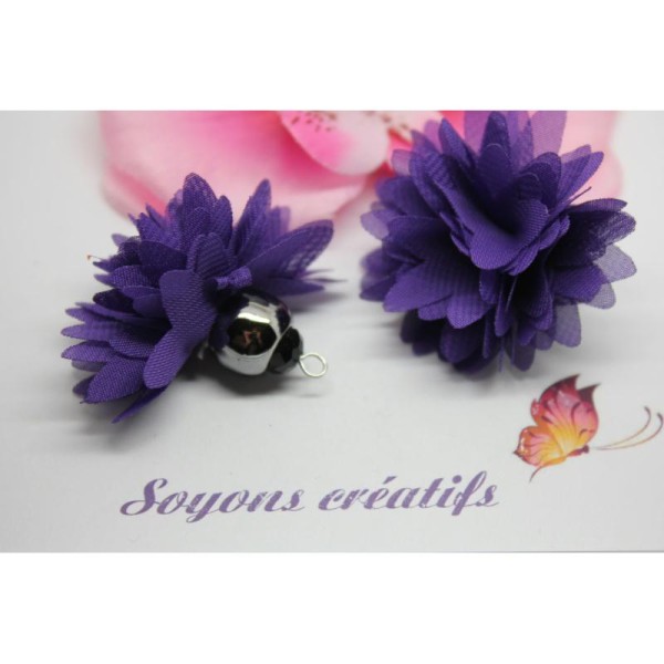 3 Pompons Breloques Perle Facette Noir  Violet- 40Mm - Polyester- - Photo n°1
