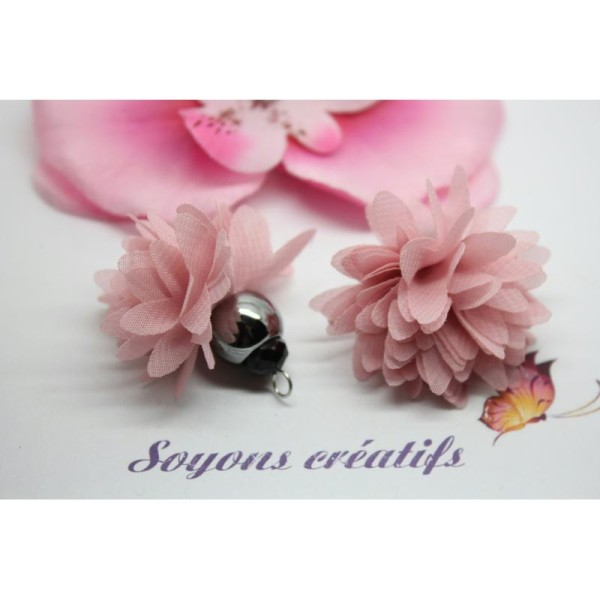 3 Pompons Breloques Perle Facette Noir Rose - 40Mm - Polyester- - Photo n°1