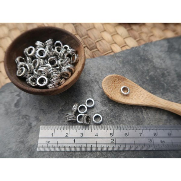 Perles rondelles, coupelles feuilles ethnique, Métal argenté, 7x4 mm, 20 pcs - Photo n°5