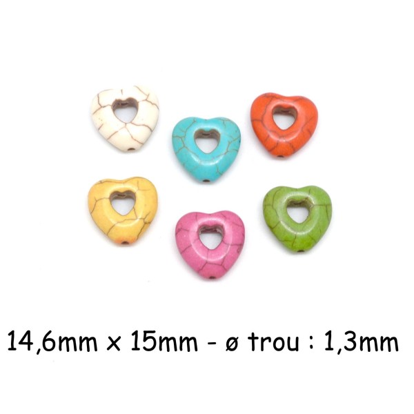R-6 Perles Coeur Imitation Howlite Multicolore 15mm - Photo n°1