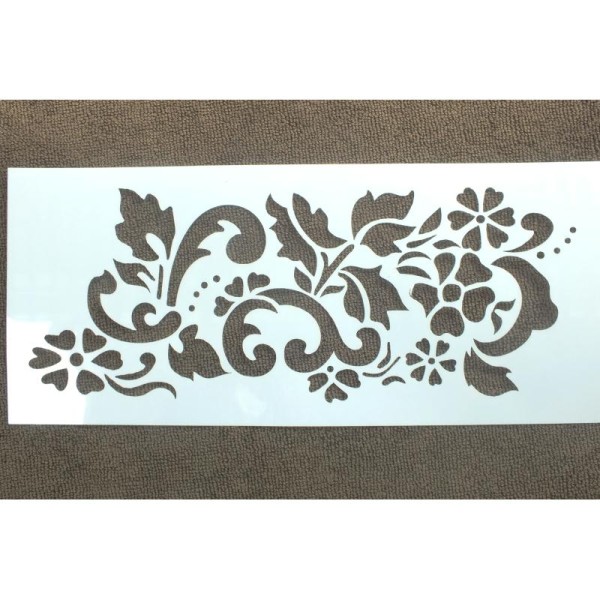 POCHOIR PLASTIQUE vinyle 28 * 12 cm , motif : Frise feuilles et fleurs de pensées - Photo n°1