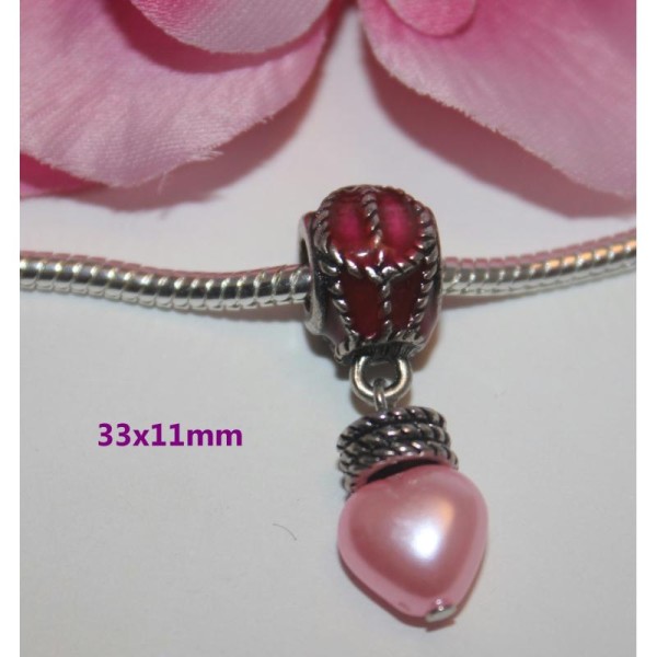 1 Perle Argenté Coeur Acrylique Rose À Gros Trou -Sc44916- - Photo n°1