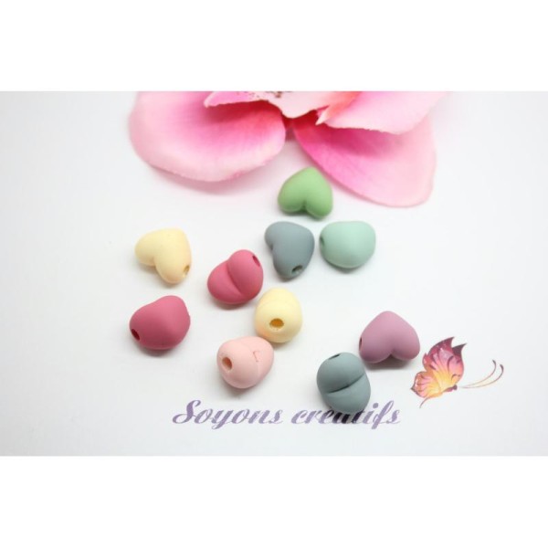 10 Perles Acryliques Coeur Couleurs Pastel Mixtes 14Mm- - Photo n°1