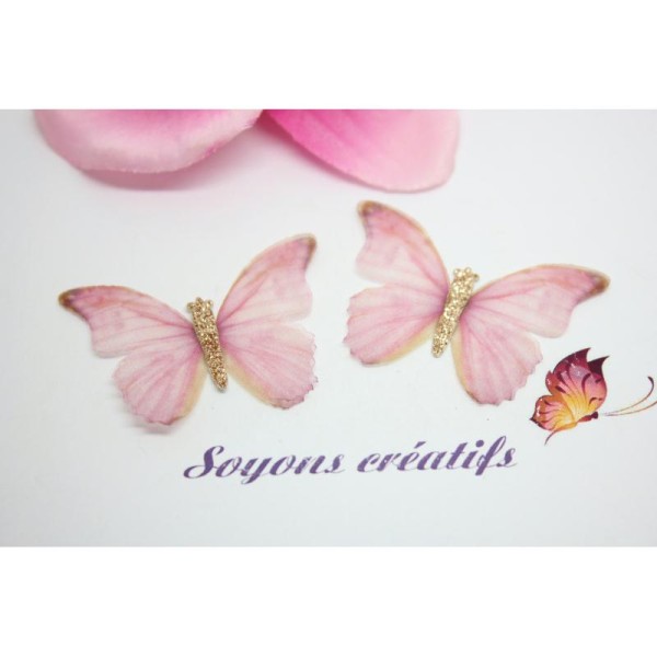 2 Papillons Organza Rose 50X35Mm -Création Bijoux- - Photo n°1