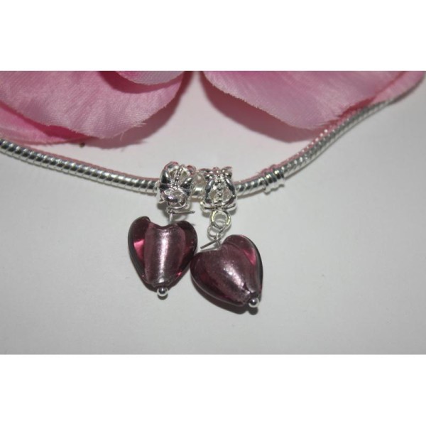 2 Perles Argenté Pendant Coeur Verre Violet À Gros Trou -Sc12146- - Photo n°1