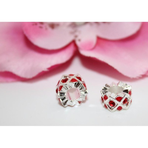 2 Perles Métal Strass Rouge À Gros Trou -Sc07539- Création Bijoux- - Photo n°1