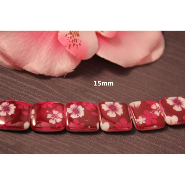 5 Perles Nacre Coquillage Carrée Rose Fushia 15X15Mm - Photo n°1