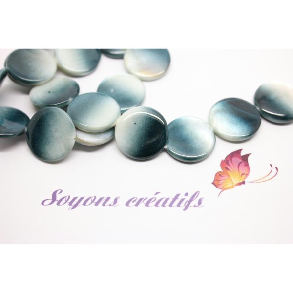 5 Perles Nacre Coquillage Ronde Blanc Et Bleu 20Mm -Sc25480- - Photo n°1