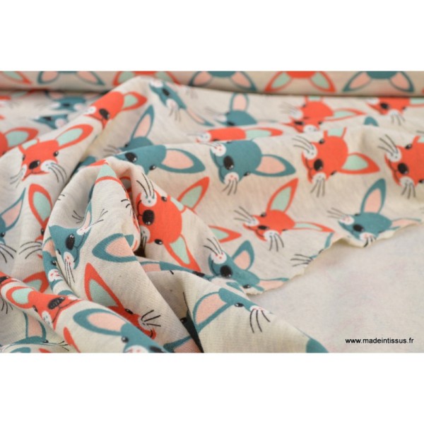 Tissu Jersey envers Minky imprimé lapins turquoise fond écru - Photo n°4