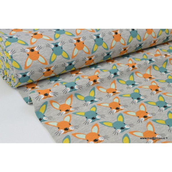 Tissu Jersey envers Minky imprimé lapins orange et turquoise fond gris - Photo n°2