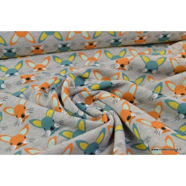 Tissu Jersey envers Minky imprimé lapins orange et turquoise fond gris - Photo n°4