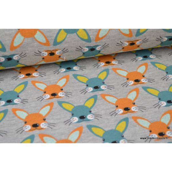 Tissu Jersey envers Minky imprimé lapins orange et turquoise fond gris - Photo n°1