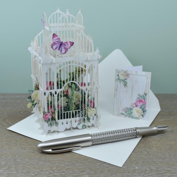 Carte 3D Cage blanche fleurs Roses 16x16 Décor en relief avec enveloppe - Photo n°2