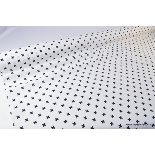 Tissu popeline coton imprimé croix noires fond blanc - Photo n°3