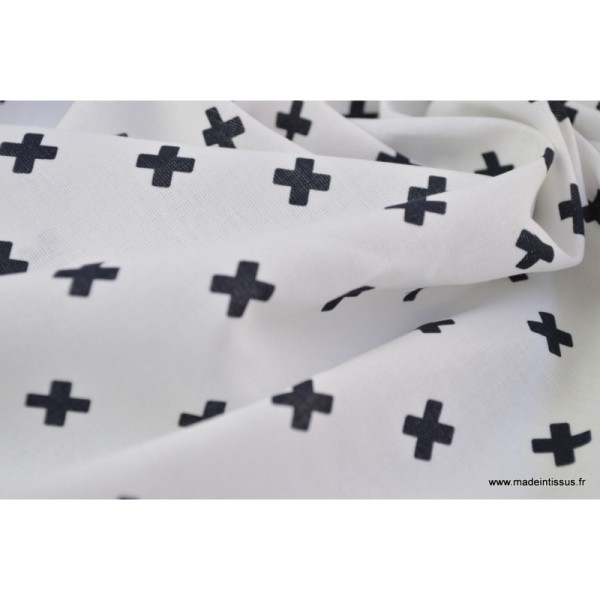 Tissu popeline coton imprimé croix noires fond blanc - Photo n°4
