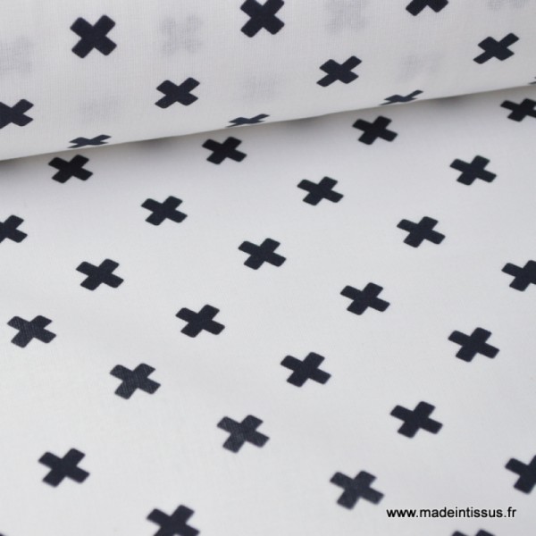 Tissu popeline coton imprimé croix noires fond blanc - Photo n°1