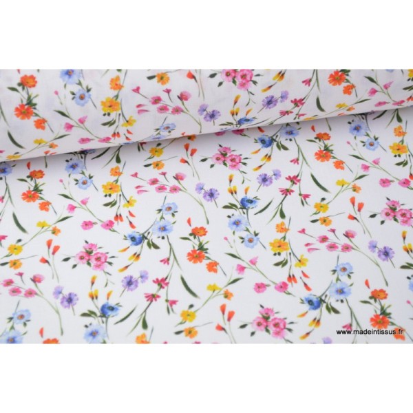 Tissu popeline coton imprimé petites fleurs fond blanc - Photo n°1