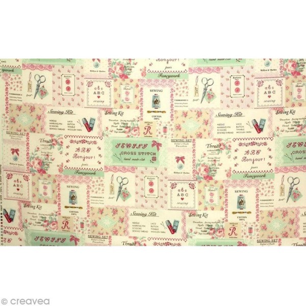 Tissu Yuwa - Etiquettes F (rose clair) - Par 10 cm (sur mesure) - Photo n°1