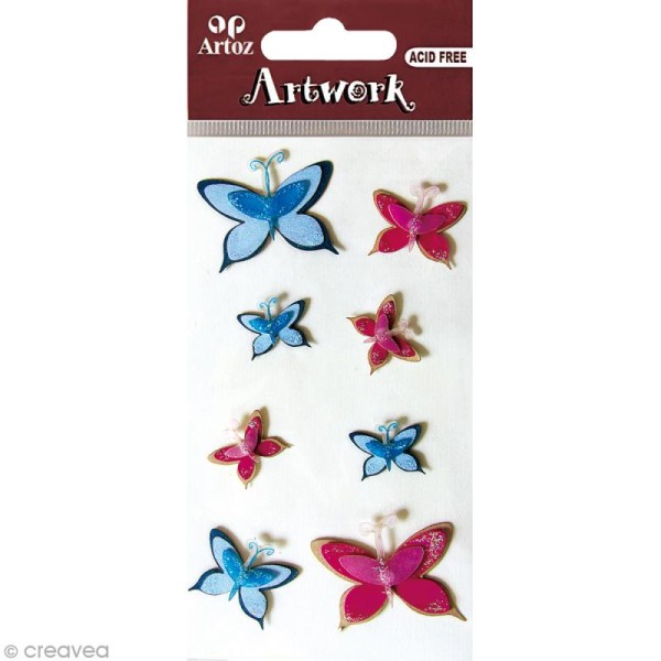 Sticker 3D - Papillons roses et bleus x 8 - Photo n°1