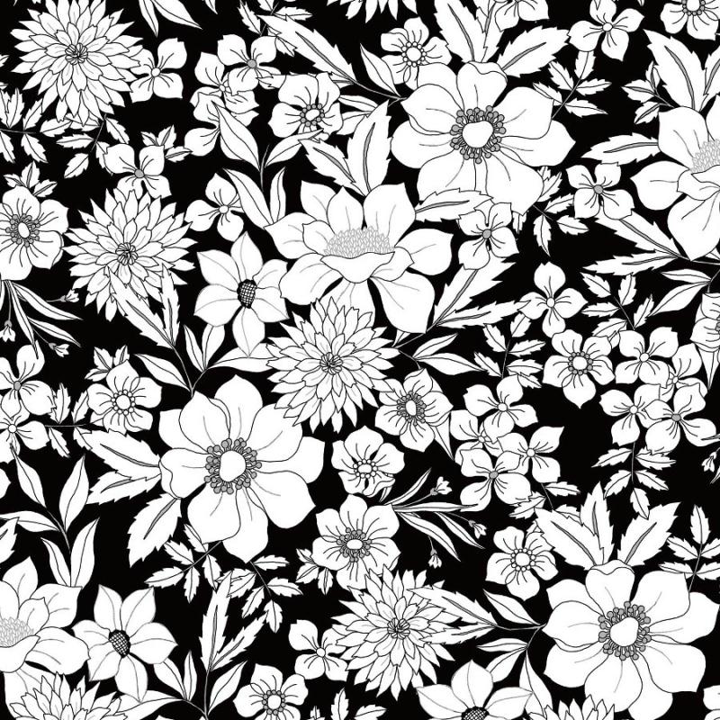 Tissu patchwork grandes fleurs blanches fond noir - Black Tie  Dimensions:par 10 cm - Tissu coton - Creavea