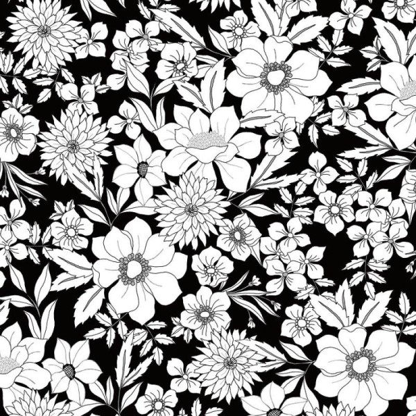 Tissu patchwork grandes fleurs blanches fond noir - Black Tie Dimensions:par 10 cm - Photo n°1