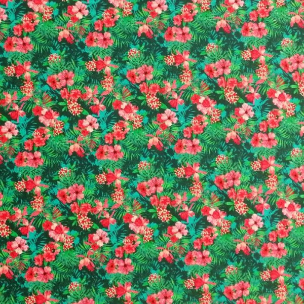 Tissu patchwork fleurs d'hibiscus fond vert et bleu - Equateur Dimensions:par 10 cm - Photo n°1