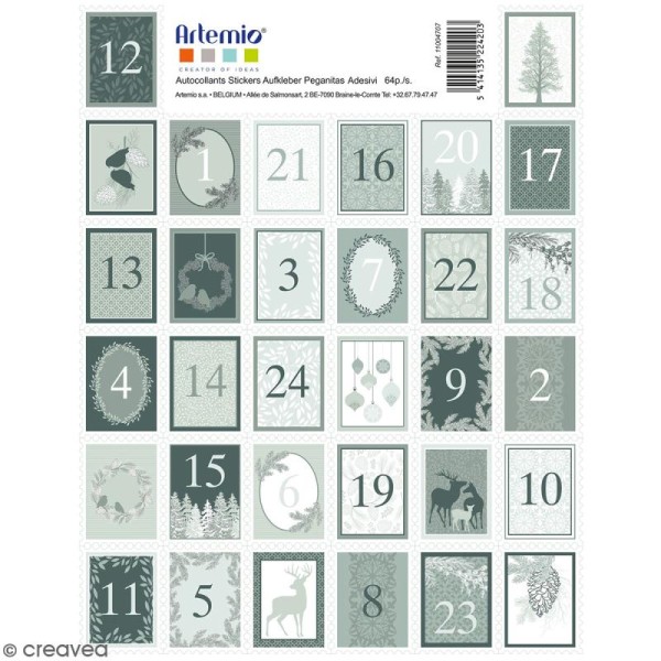 Stickers timbres décoratifs - Misty Winter Calendrier de l'Avent - 3,3 x 2,7 cm - 64 pcs - Photo n°1