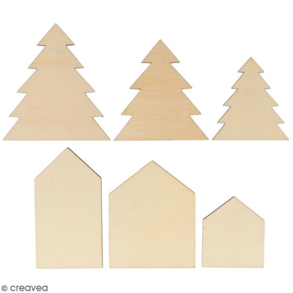 Forme en bois à décorer - Sapin et maisons - 5,5 à 8 cm - 6 pcs - Photo n°1
