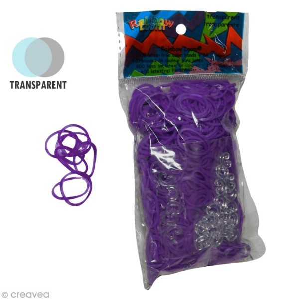 Recharge Rainbow loom 600 élastiques - Violet jelly + 24 fermoirs - Photo n°1