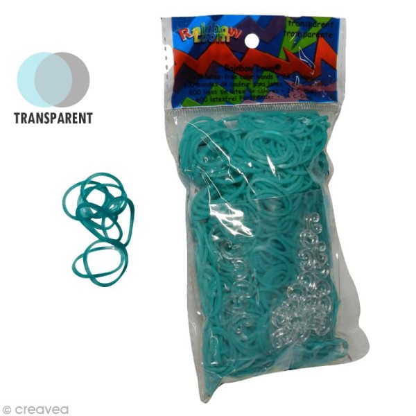 Recharge Rainbow loom 600 élastiques - Bleu turquoise jelly + 24 fermoirs - Photo n°1